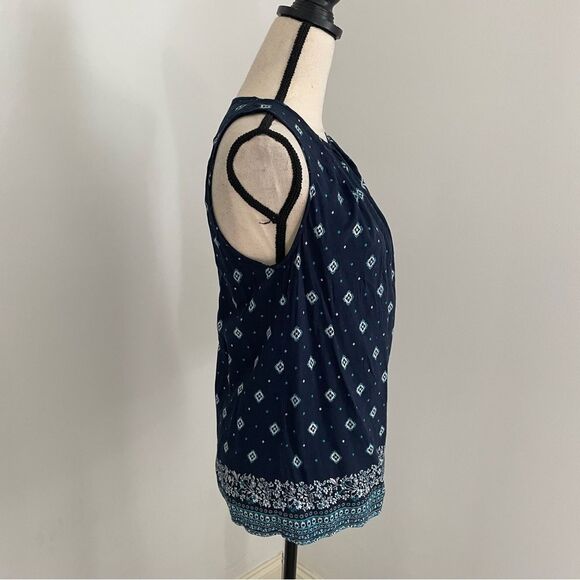 Fun 2 Fun Sleeveless Picnic Print Navy Blue Blouse Medium Coastal Cowgirl Boho - Picture 2 of 9